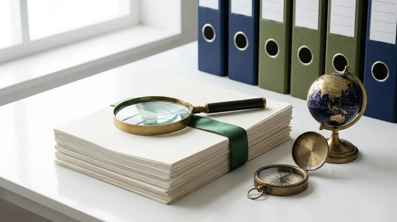 Quality assurance still life: magnifying glass over audit documents with compass and globe