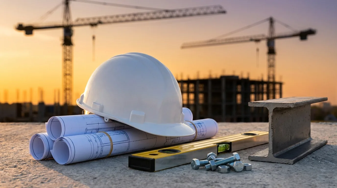 Construction still life: hard hat, blueprints and steel beam before site cranes
