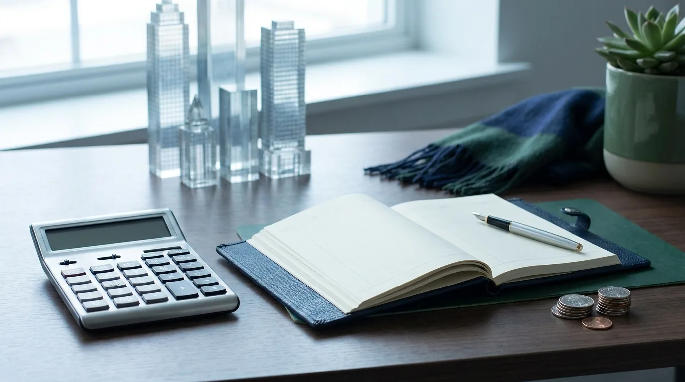 Financial services still life: calculator, ledger and model city skyline